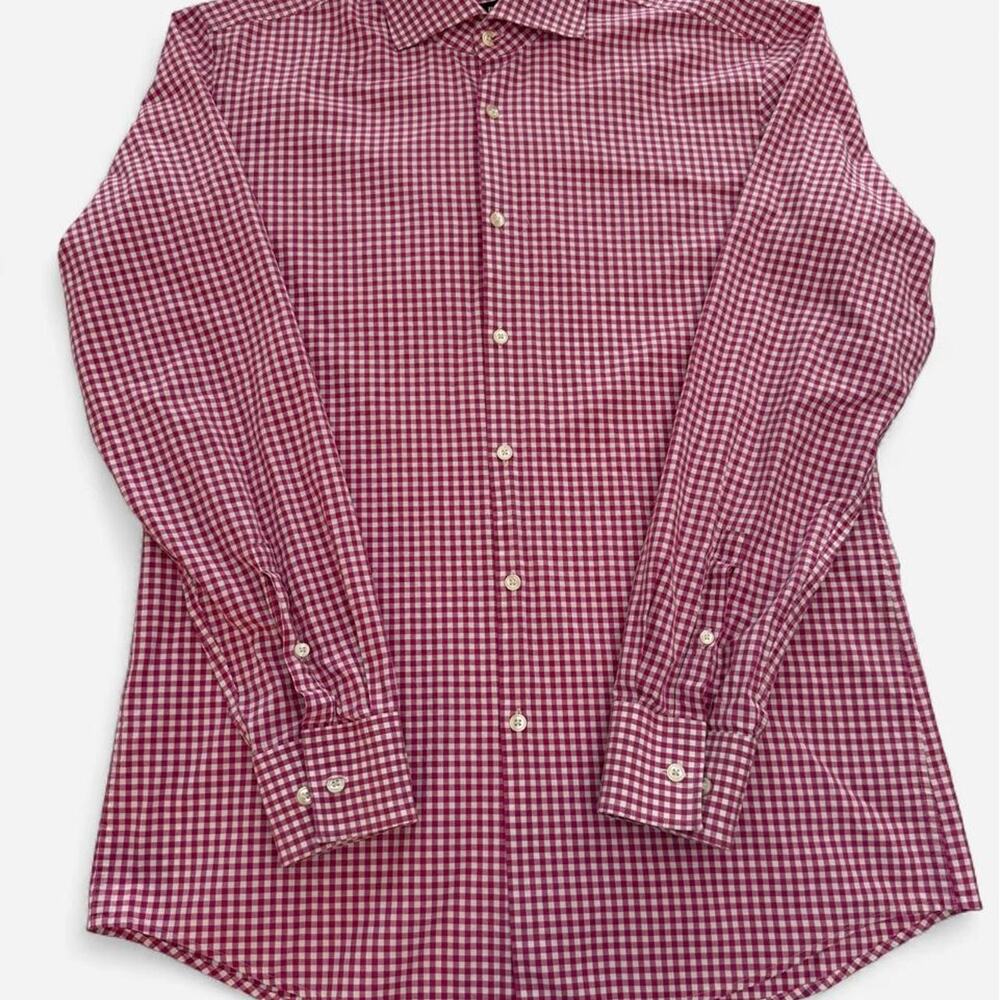 BOSS Hugo Boss Slim Fit Two Ply Pink White Gingham Check Men’s Dress Shirt